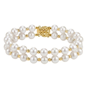 Pulsera de Perlas Cultivadas 7-8mm con Dos Filas, Oro Amarillo de 14K Pulsera de Perlas Cultivadas 7-8mm con Dos Filas, Oro Amarillo de 14K