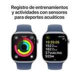 Apple Watch S10 (GPS) Caja de aluminio plata 46mm con correa deportiva azul denim M/L