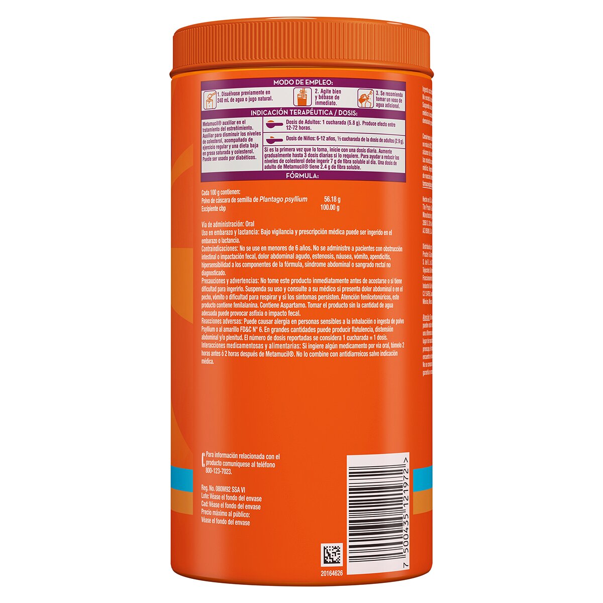 Metamucil Plantago Psyllium Sabor Naranja 660 gr.