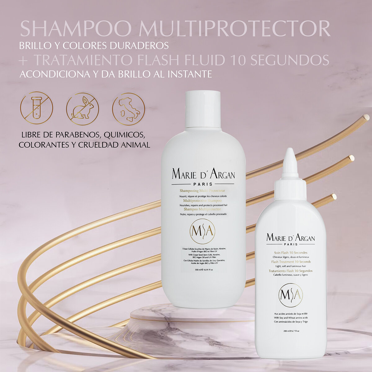 Marie D'Argan, Dúo Shampoo Multiprotector + Tratamiento Flash Fluid 10 segundos Marie D'Argan, Dúo Shampoo Multiprotector + Tratamiento Flash Fluid 10 segundos
