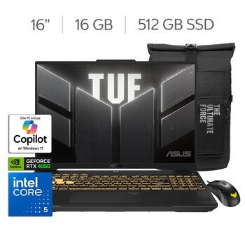 ASUS TUF F16 Laptop Gaming 16" Full HD+ NVIDIA GeForce RTX 4050 Intel Core 5-210H 16GB 512GB SSD + Mochila + Mouse ASUS TUF F16 Laptop Gaming 16" Full HD+ NVIDIA GeForce RTX 4050 Intel Core 5-210H 16GB 512GB SSD + Mochila + Mouse