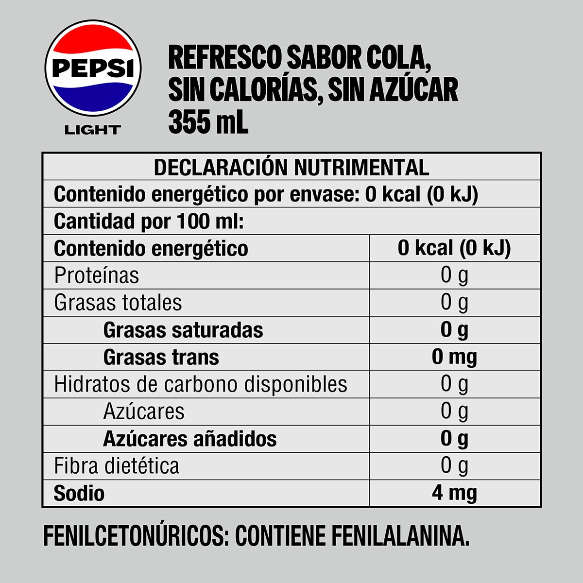 Pepsi Light 24 pzas de 355 ml Pepsi Light 24 pzas de 355 ml