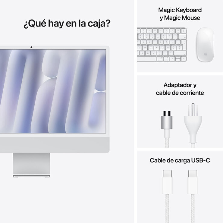 Apple iMac 24" 256GB 4.5K Chip M4 Plata CPU de 8 núcleos GPU de 8 núcleos Memoria unificada de 16GB Apple iMac 24" 256GB 4.5K Chip M4 Plata CPU de 8 núcleos GPU de 8 núcleos Memoria unificada de 16GB