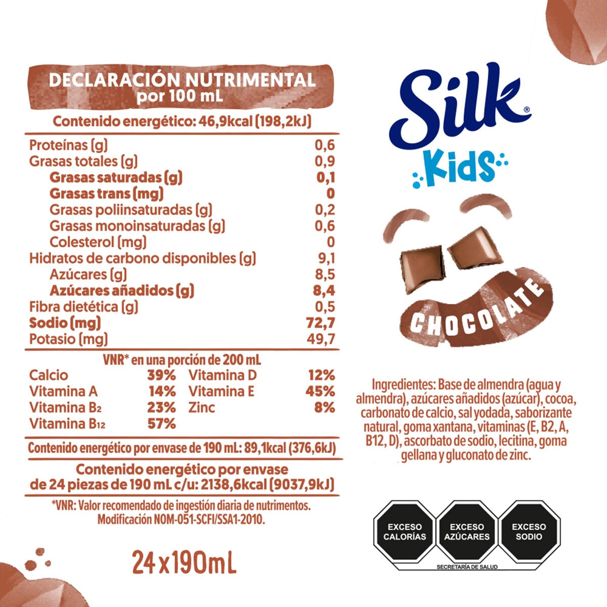  Silk Kids Bebida de Almendra Sabor Chocolate 24 pzas de 190 ml