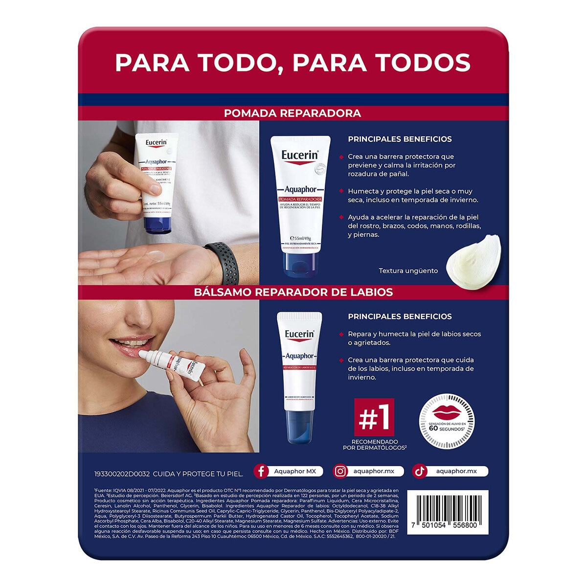 Eucerin Aquaphor Crema reparadora 2 de 55 ml y bálsamo labial 10 ml