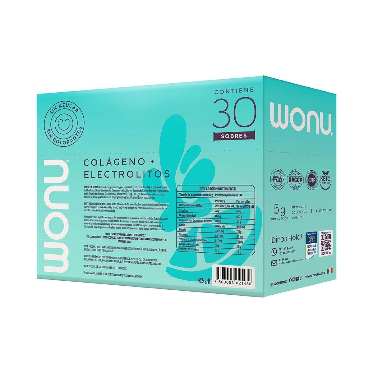 WONU Colágeno con Electrolitos en Polvo Sabor Limón-Jengibre 30 pzs de 12 gr WONU Colágeno con Electrolitos en Polvo Sabor Limón-Jengibre 30 pzs de 12 gr