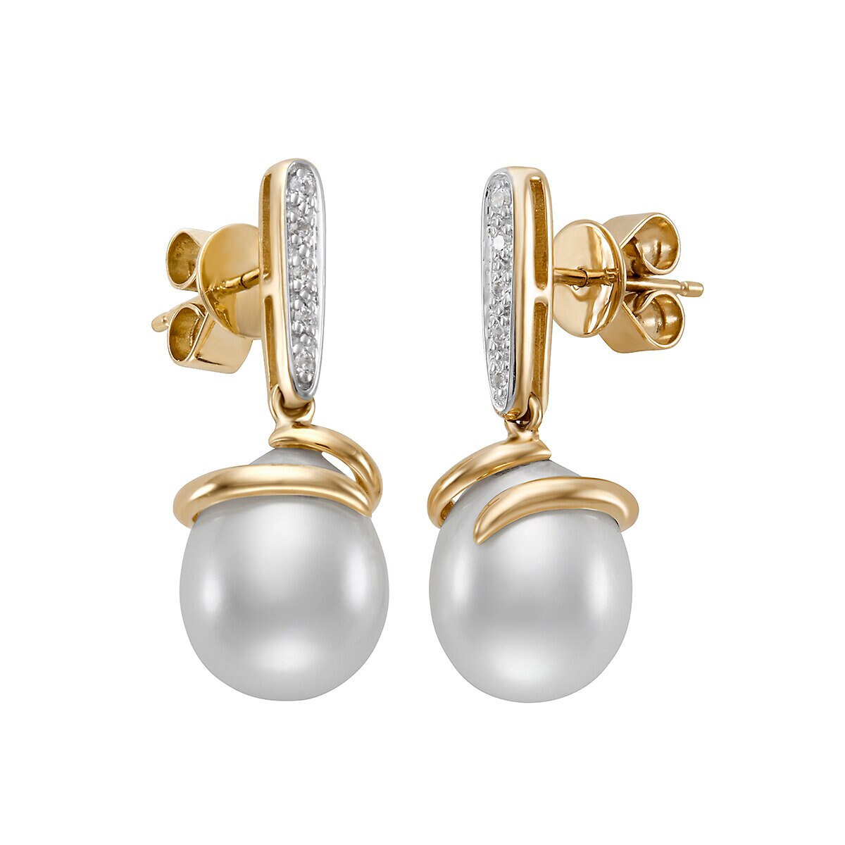 Aretes de Perlas Cultivadas, 9-10mm, con Diamantes .08ctw, Oro Dos Tonos de 14K Aretes de Perlas Cultivadas, 9-10mm, con Diamantes .08ctw, Oro Dos Tonos de 14K