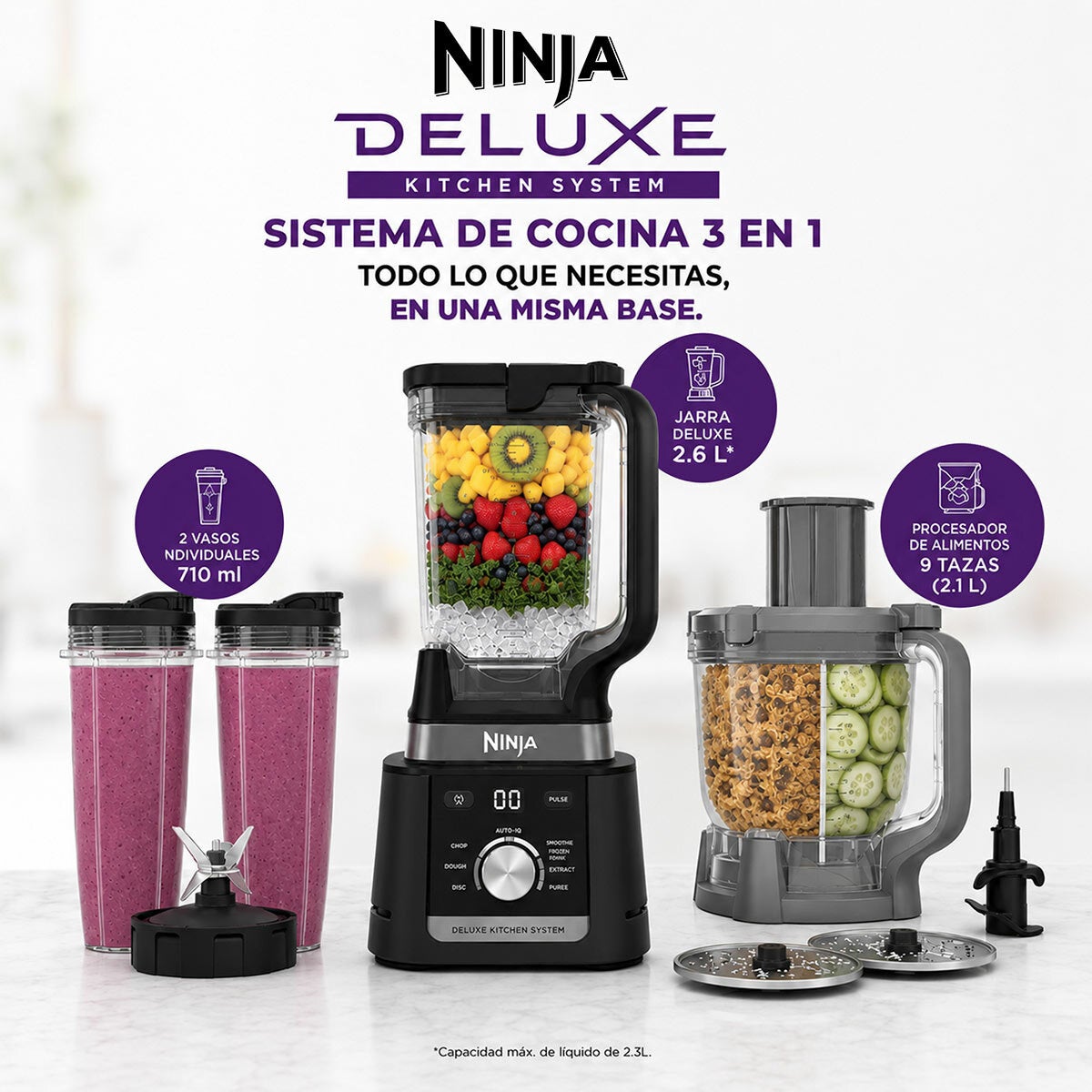 Ninja Deluxe, Sistema de Cocina con Jarra de 2.6 L, Procesador de 9 Tazas, 2 Discos de Rebanado/triturado, 2 Vasos de 700 ml Ninja Deluxe, Sistema de Cocina con Jarra de 2.6 L, Procesador de 9 Tazas, 2 Discos de Rebanado/triturado, 2 Vasos de 700 ml