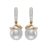 Aretes de Perlas Cultivadas, 9-10mm, con Diamantes .08ctw, Oro Dos Tonos de 14K Aretes de Perlas Cultivadas, 9-10mm, con Diamantes .08ctw, Oro Dos Tonos de 14K