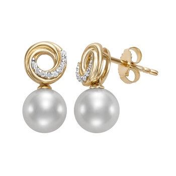 Aretes de Perlas Cultivadas, 7.5-8.0mm, con Diamantes .07ctw, Oro Amarillo de 14K Aretes de Perlas Cultivadas, 7.5-8.0mm, con Diamantes .07ctw, Oro Amarillo de 14K