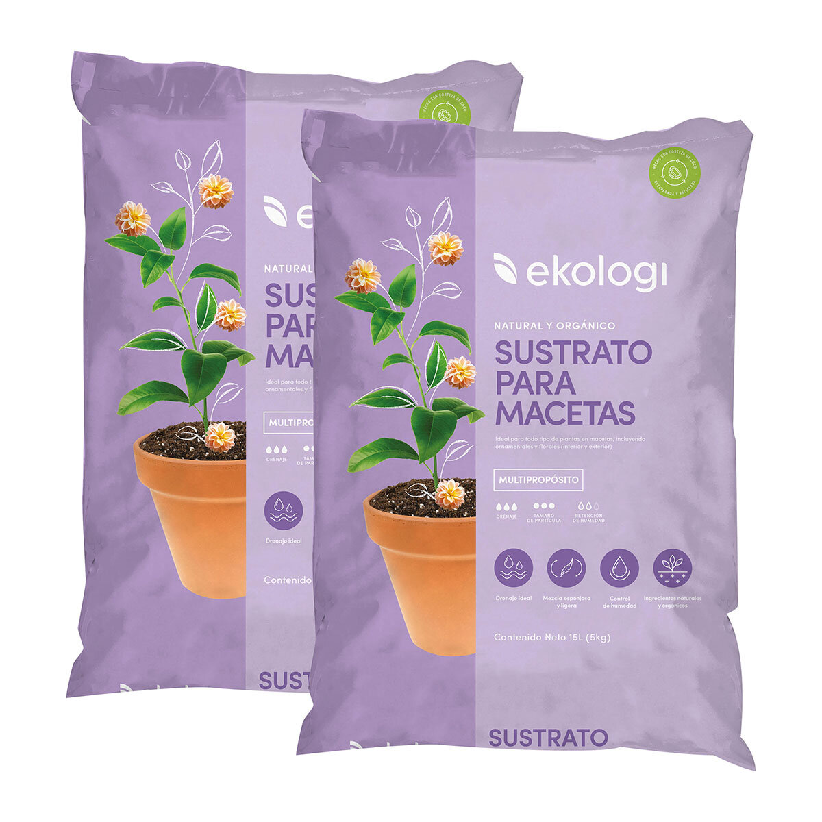 Ekologi, Sustrato para Macetas 2 piezas de 5kg Ekologi, Sustrato para Macetas 2 piezas de 5kg