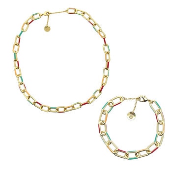 Mayfer, Juego de Pulsera y Collar de Eslabones con Esmalte de Colores Mayfer, Juego de Pulsera y Collar de Eslabones con Esmalte de Colores
