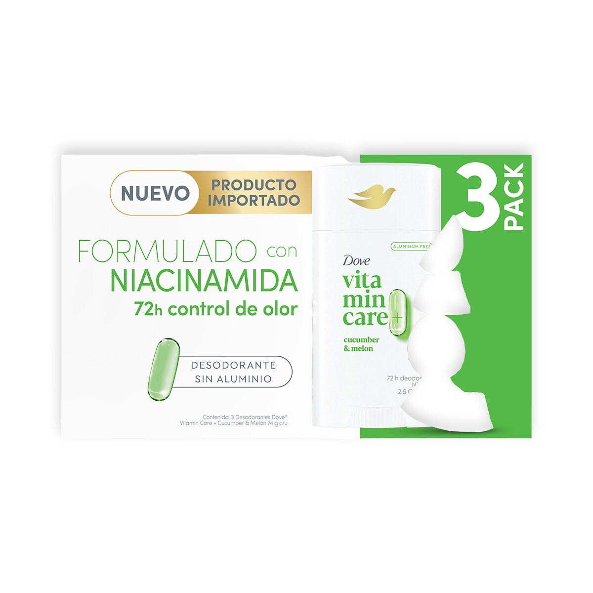 Dove Desodorante Vitamin Care Pepino y Melon 3 pzas de 74 g Dove Desodorante Vitamin Care Pepino y Melon 3 pzas de 74 g