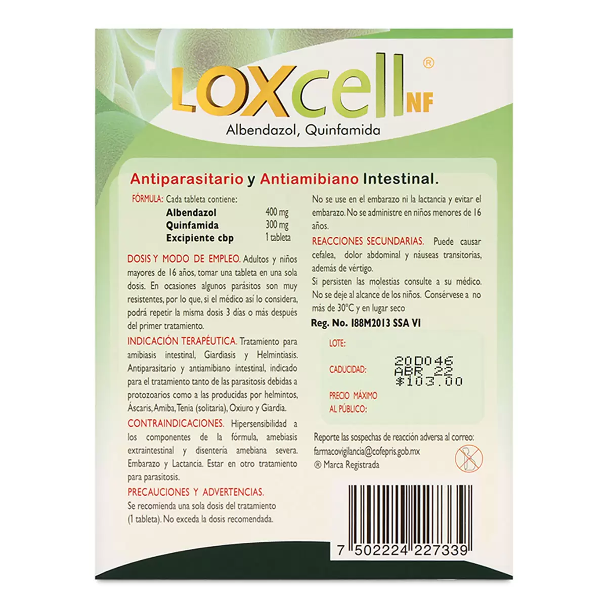 Loxcell NF 3 Cajas con 1 Tableta c/u Albendazol 400mg/Quinfamida 300mg 