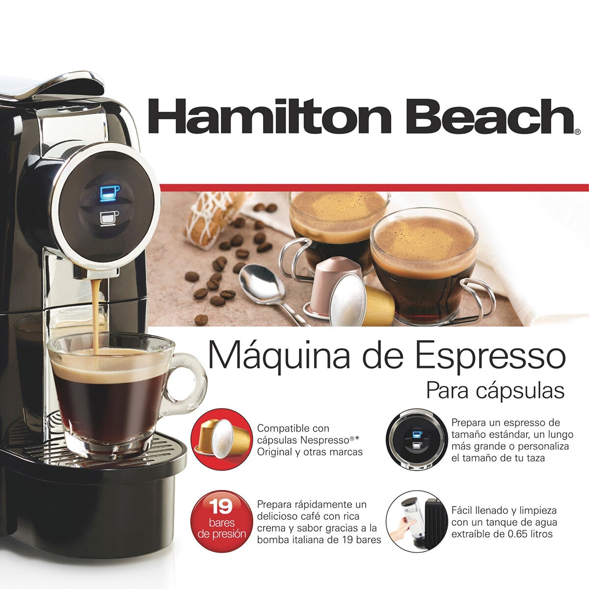 Hamilton Beach Cafetera Compatible con Cápsulas Nespresso Original Hamilton Beach Cafetera Compatible con Cápsulas Nespresso Original
