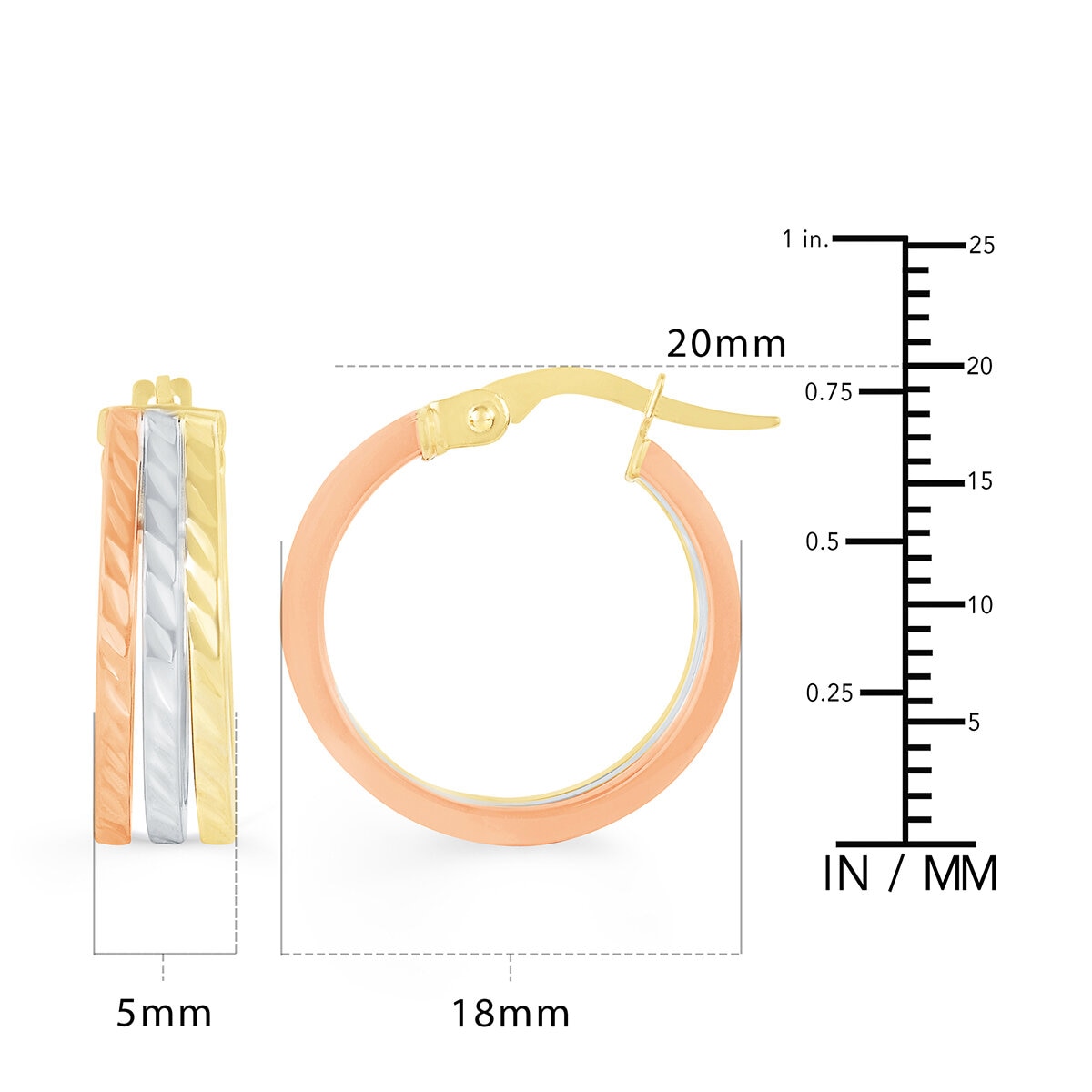 Aretes de Triple Fila, Oro Tricolor de 14K Aretes de Triple Fila, Oro Tricolor de 14K
