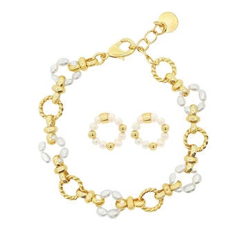 Mayfer, Juego de Pulsera y Aretes con Baño de Oro y Perlas de Río Mayfer, Juego de Pulsera y Aretes con Baño de Oro y Perlas de Río