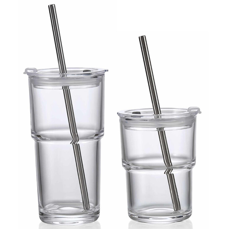 King Crystal 8 Vasos de Vidrio con Tapa y Popote King Crystal 8 Vasos de Vidrio con Tapa y Popote