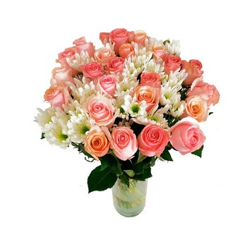 Chiltepec, Bouquet de 36 Rosas y Crisantemos en Florero de Vidrio Chiltepec, Bouquet de 36 Rosas y Crisantemos en Florero de Vidrio