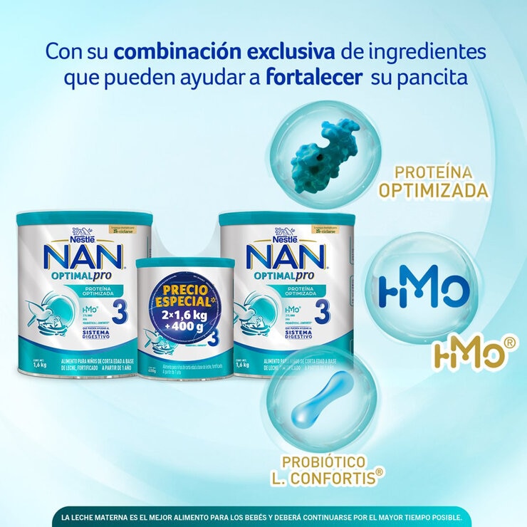NAN 3 Optipro Etapa 3 2 latas de 1.6 Kg + 1 lata de 400 g NAN 3 Optipro Etapa 3 2 latas de 1.6 Kg + 1 lata de 400 g