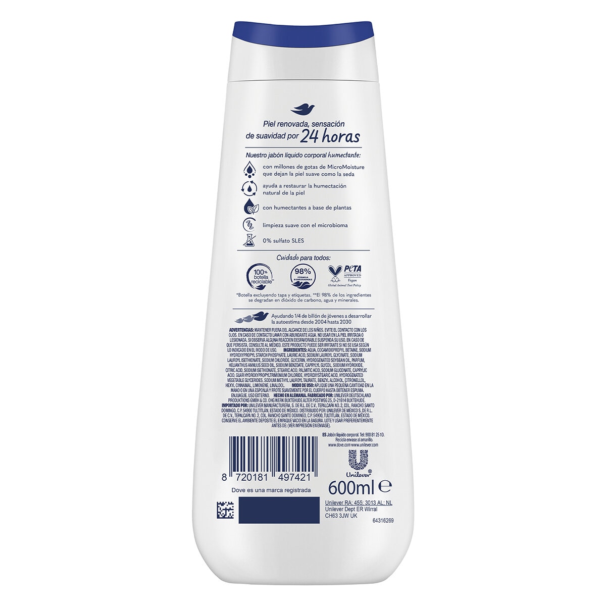 Dove Jabón Corporal Líquido 4 pzas de 600 ml