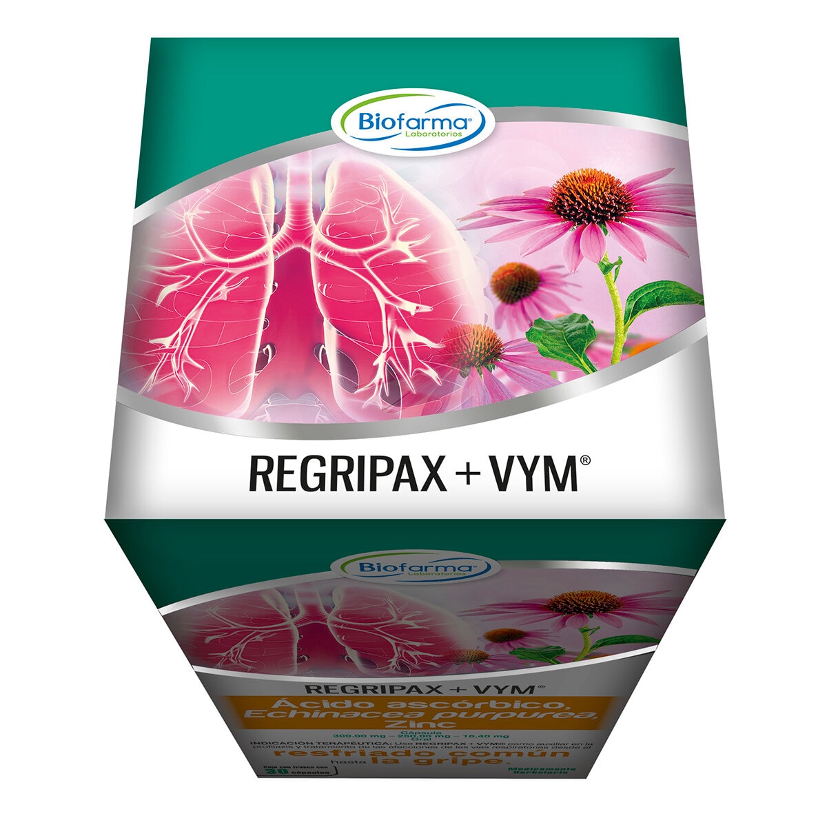 Regripax + VYM  Ácido Ascórbico 300mg, Echinacea Purpurea 250mg , Zinc 16.40mg 2 de 30 cápsulas