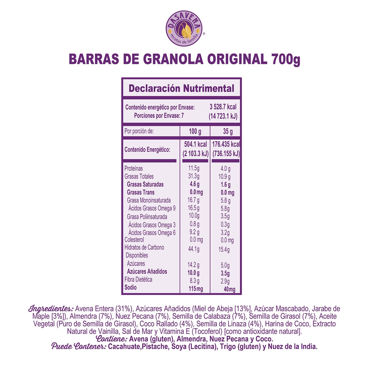 Dasavena Barras de Granola Crujientes 20 pzas de 35 g Dasavena Barras de Granola Crujientes 20 pzas de 35 g