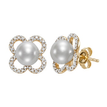 Aretes de Perlas Cultivadas y Diamantes 0.20ctw, , Oro Blanco de 14kt Aretes de Perlas Cultivadas y Diamantes 0.20ctw, , Oro Blanco de 14kt