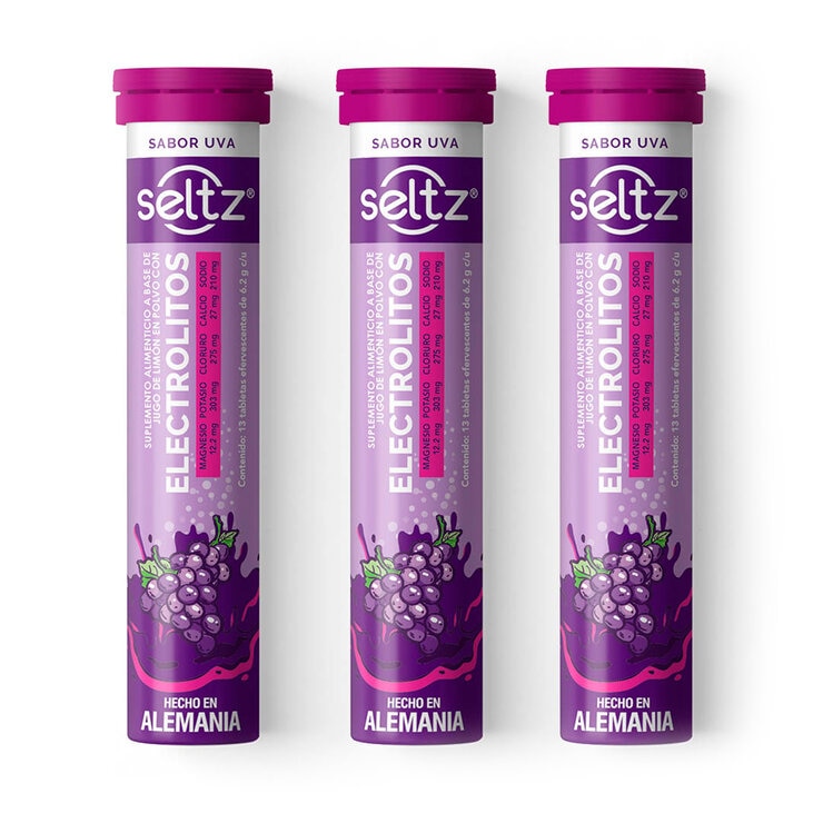Seltz Electrolitos 3 Tubos de 13 Tabletas Efervescentes c/u Sabor Uva Seltz Electrolitos 3 Tubos de 13 Tabletas Efervescentes c/u Sabor Uva