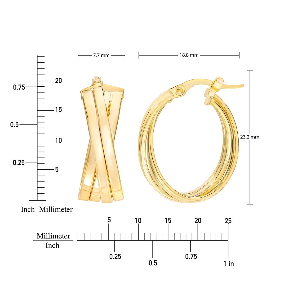 Aretes de Aro Cruzados de Doble Hilera, de Oro Amarillo 14K