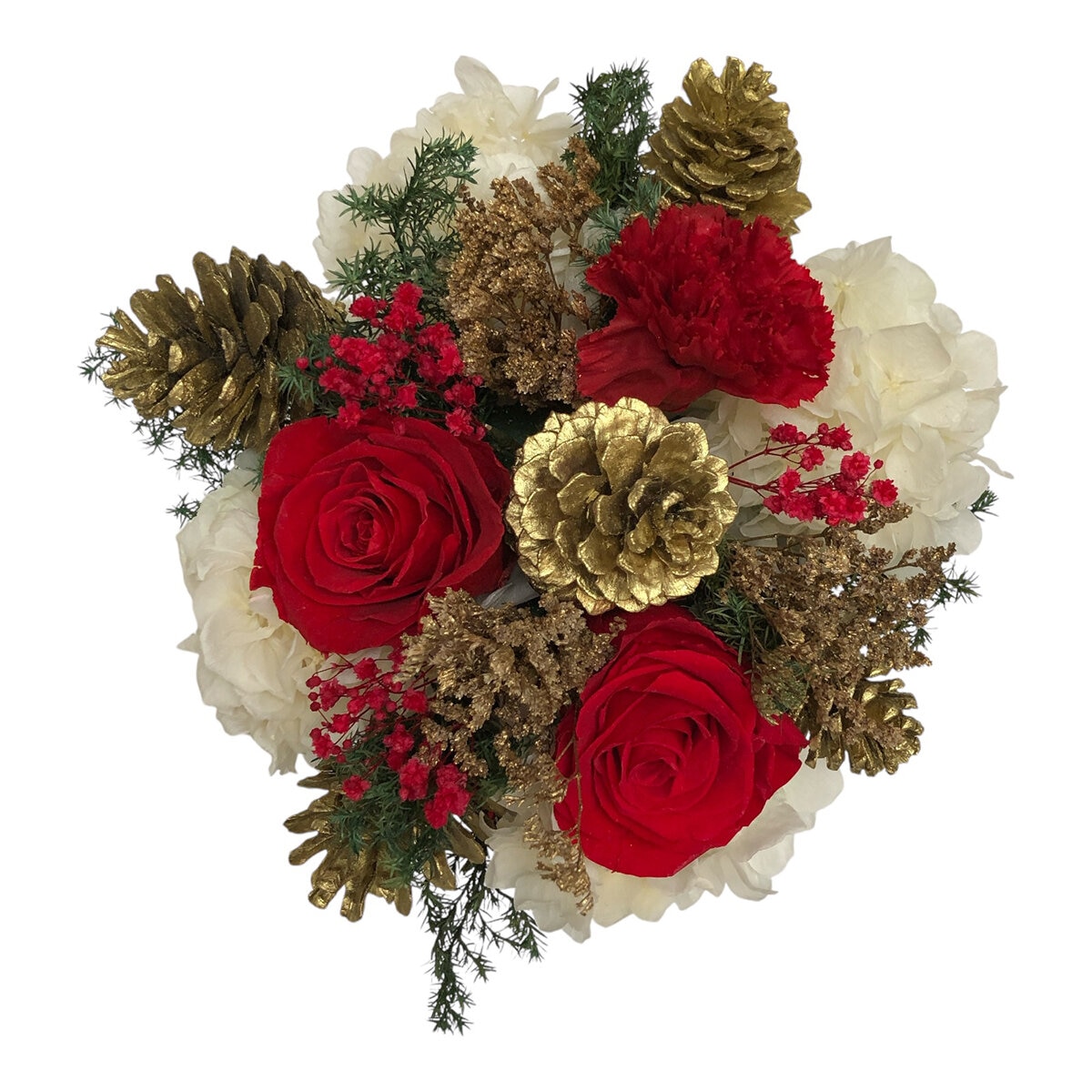 Bouquet Navidad, Caja Blanca Listón de Terciopelo Rojo/Dorado