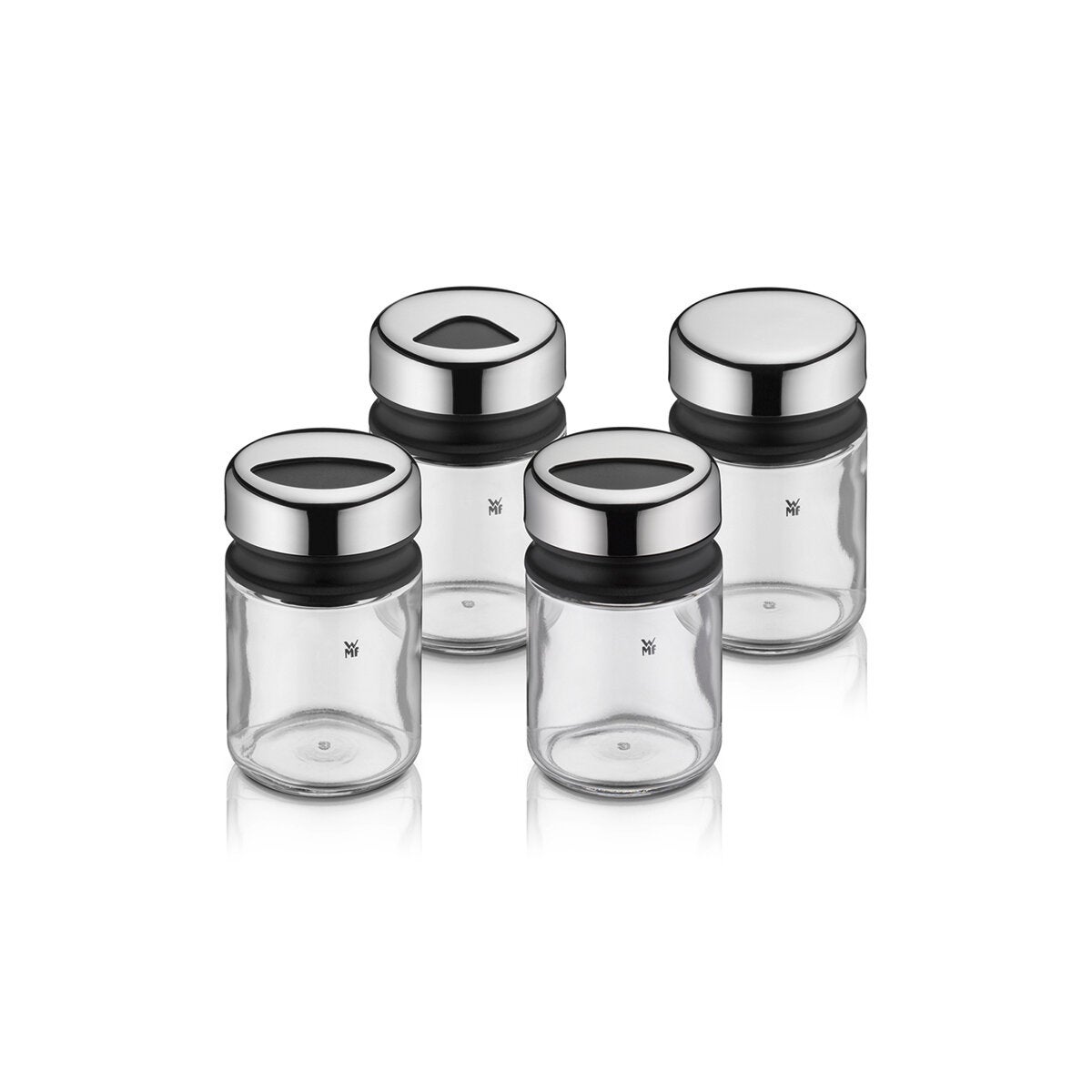 WMF Set de 4 Especieros de Vidrio con Tapa de Acero Inoxidable WMF Set de 4 Especieros de Vidrio con Tapa de Acero Inoxidable