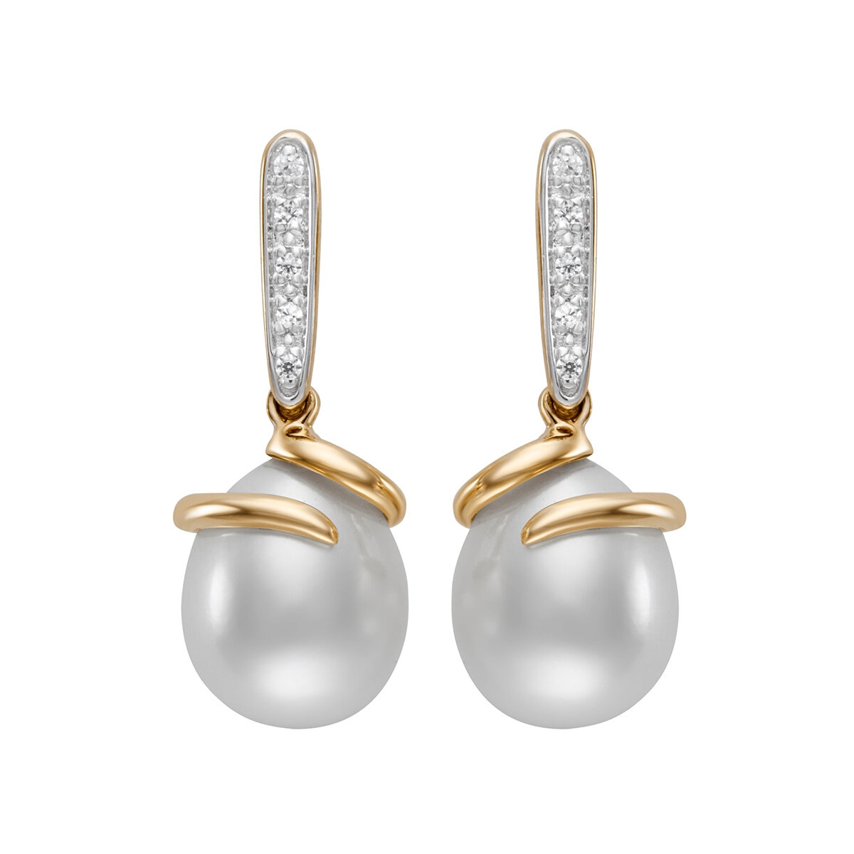 Aretes de Perlas Cultivadas, 9-10mm, con Diamantes .08ctw, Oro Dos Tonos de 14K Aretes de Perlas Cultivadas, 9-10mm, con Diamantes .08ctw, Oro Dos Tonos de 14K