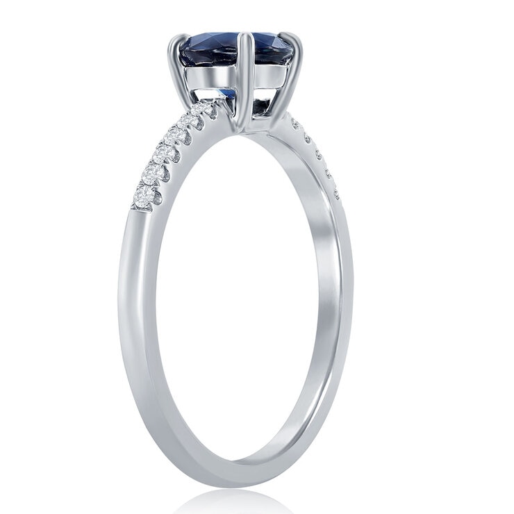 Anillo de Zafiro Azul con Diamantes 0.10ctw, Oro Blanco de 14K Anillo de Zafiro Azul con Diamantes 0.10ctw, Oro Blanco de 14K