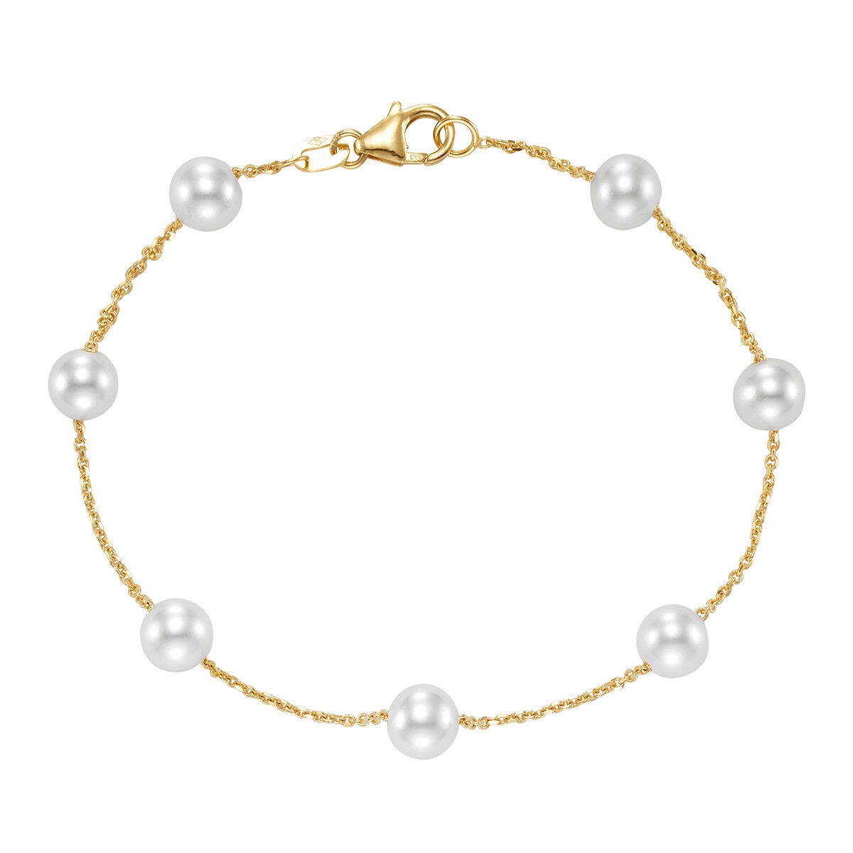 Pulsera de Perlas, Blancas, 5.5-6.0mm, Oro Amarillo de 14k