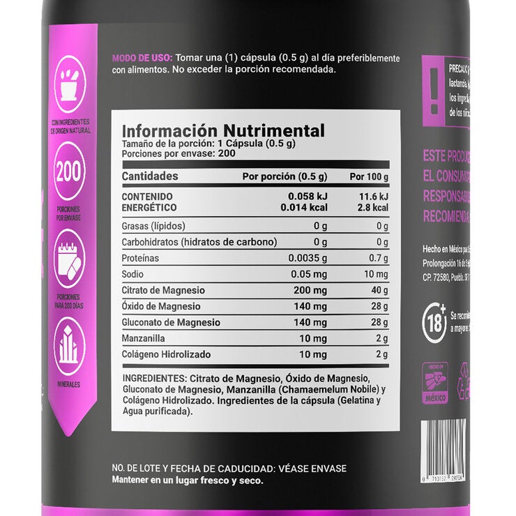 B Life Mezcla de Magnesios, Citrato de Magnesio, Oxido de Magnesio, Gluconato de Magnesio Frasco con 200 Cápsulas B Life Mezcla de Magnesios, Citrato de Magnesio, Oxido de Magnesio, Gluconato de Magnesio Frasco con 200 Cápsulas