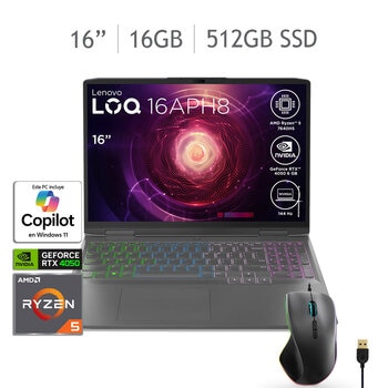 lenovo loq 16aph8 gaming laptop 16" full hd amd ryzen 5 16gb 512gb ssd + mouse