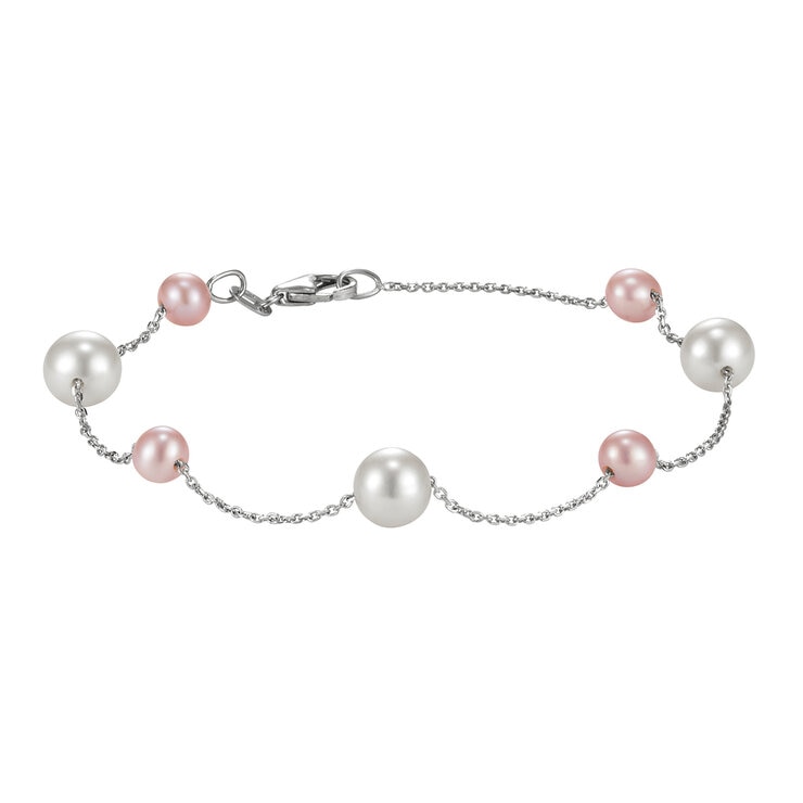 Pulsera de Perlas, Blancas y Rosas, 5-7.5mm, Oro Blanco de 14kt Pulsera de Perlas, Blancas y Rosas, 5-7.5mm, Oro Blanco de 14kt