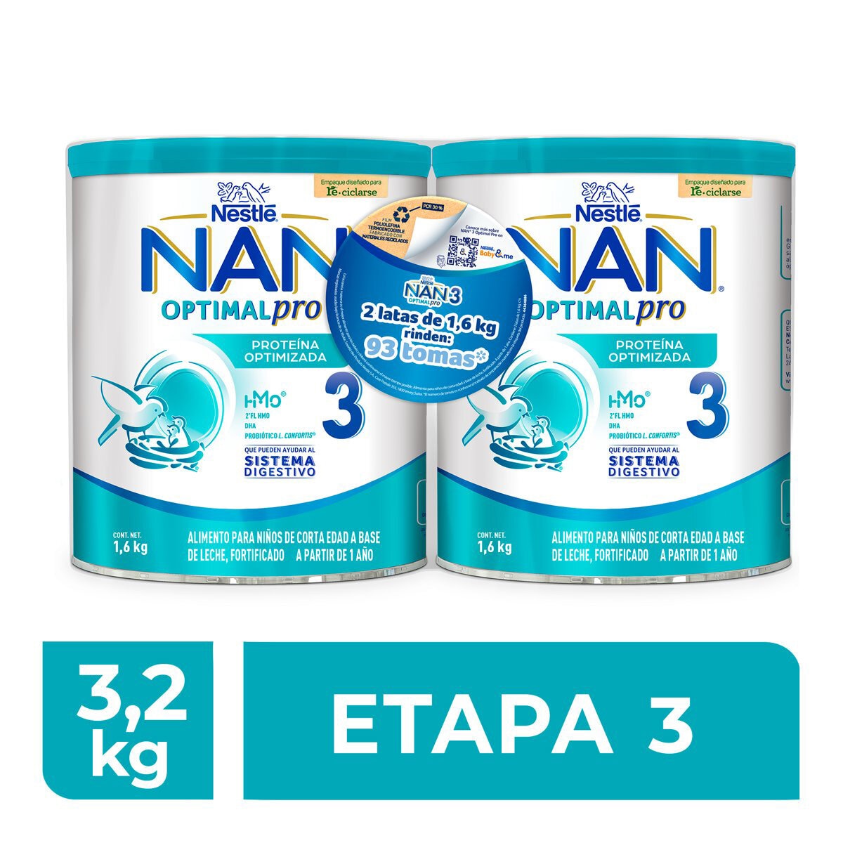 NAN 3 Optimal Pro de 1 a 2 Años 2 Latas de 1.6kg c/u