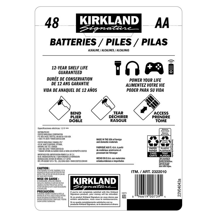 Kirkland Signature, Pilas Alcalinas AA de 48 piezas Kirkland Signature, Pilas Alcalinas AA de 48 piezas