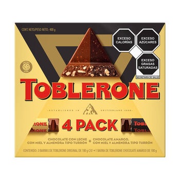 Toblerone Chocolate con Leche y Chocolate Amargo 4 piezas de 100 g Toblerone Chocolate con Leche y Chocolate Amargo 4 piezas de 100 g