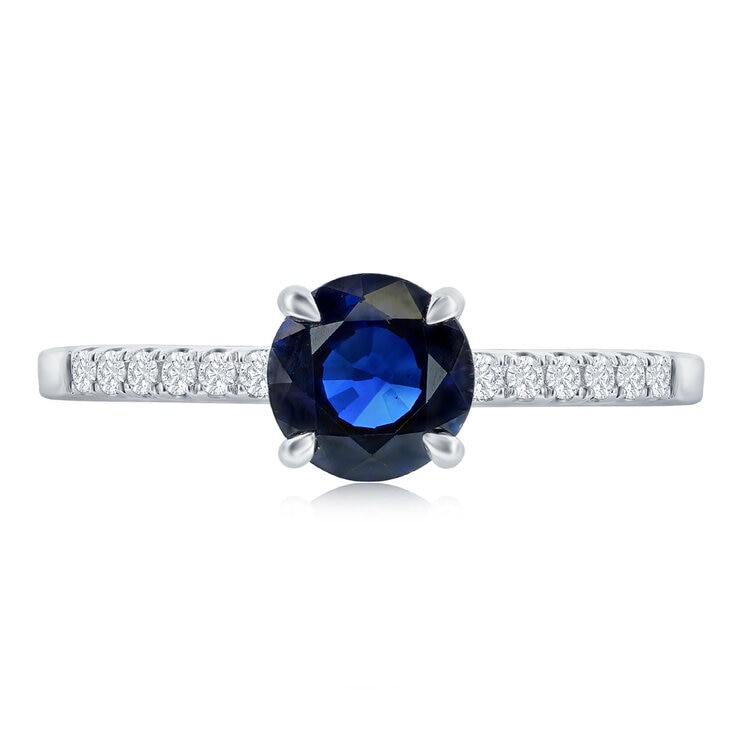 Anillo de Zafiro Azul con Diamantes 0.10ctw, Oro Blanco de 14K Anillo de Zafiro Azul con Diamantes 0.10ctw, Oro Blanco de 14K