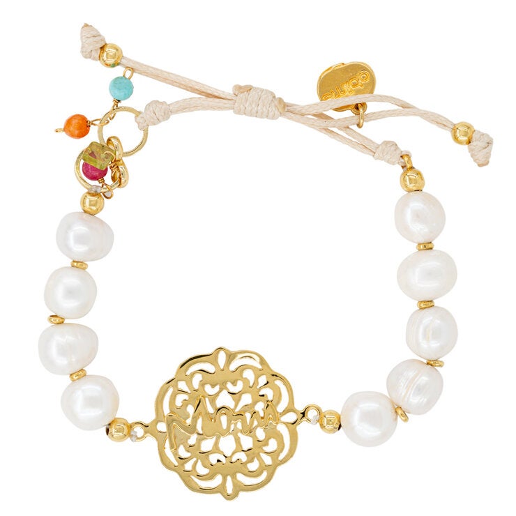 Ablime, Pulsera Ajustable con Perla Madre, Palabra "MOM" grabada al centro Ablime, Pulsera Ajustable con Perla Madre, Palabra "MOM" grabada al centro