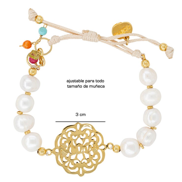 Ablime, Pulsera Ajustable con Perla Madre, Palabra "MOM" grabada al centro Ablime, Pulsera Ajustable con Perla Madre, Palabra "MOM" grabada al centro