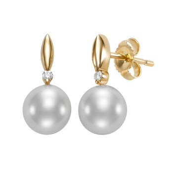 Aretes de Perlas Cultivadas, 7-7.5mm, con Diamantes .034ctw, Oro Amarillo de 14K Aretes de Perlas Cultivadas, 7-7.5mm, con Diamantes .034ctw, Oro Amarillo de 14K