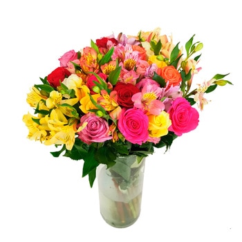 Chiltepec, Bouquet de Rosas y Astromelias Multicolor en Florero de Vidrio Chiltepec, Bouquet de Rosas y Astromelias Multicolor en Florero de Vidrio