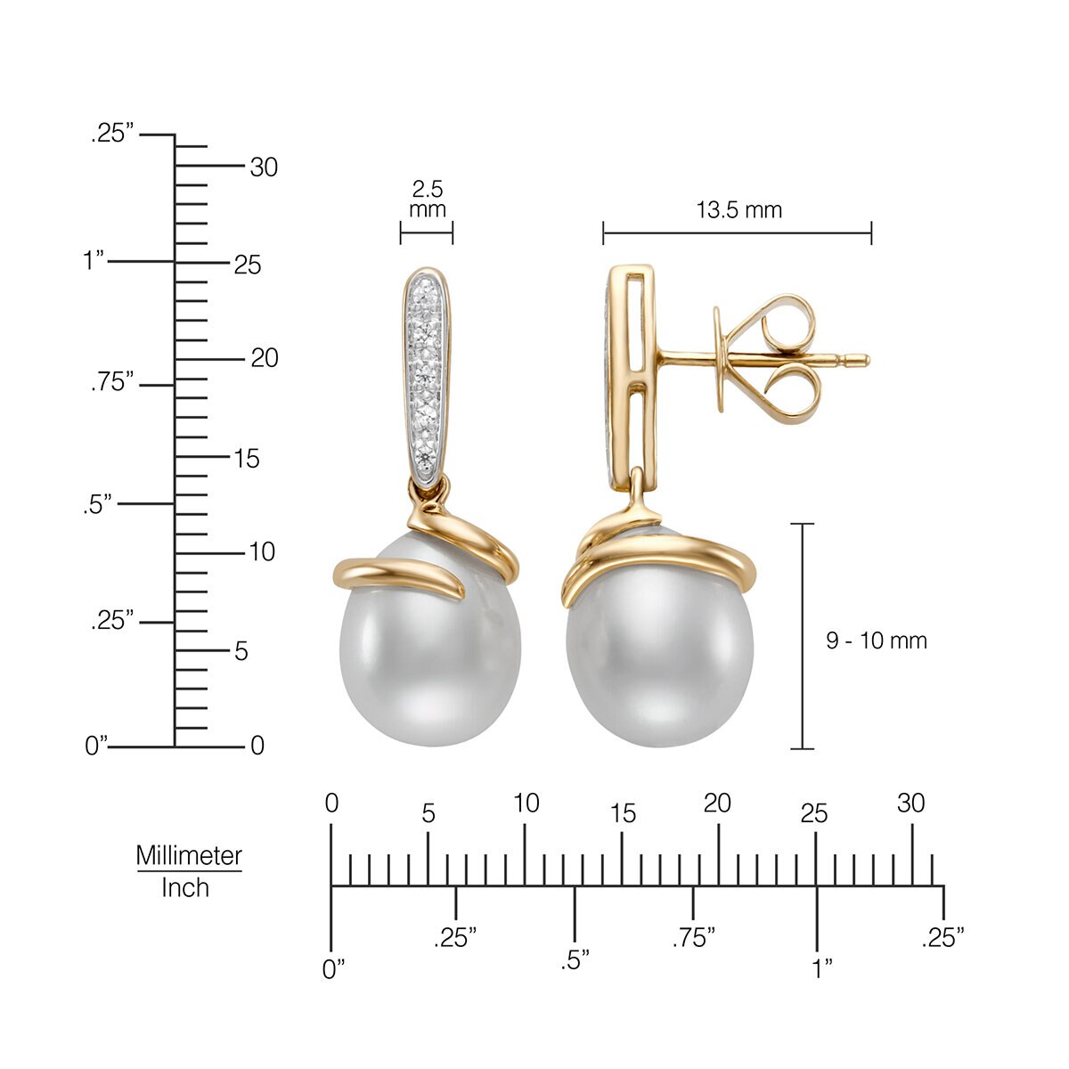 Aretes de Perlas Cultivadas, 9-10mm, con Diamantes .08ctw, Oro Dos Tonos de 14K Aretes de Perlas Cultivadas, 9-10mm, con Diamantes .08ctw, Oro Dos Tonos de 14K
