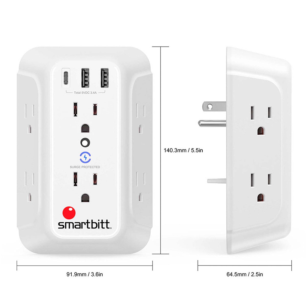 Regleta de pared con supresor de picos marca Smartbitt modelo SBSS-BW6- 3U