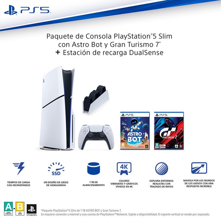 PlayStation 5: Consola Slim Estándar de 1TB + 2 Videojuegos + Estación de Carga PlayStation 5: Consola Slim Estándar de 1TB + 2 Videojuegos + Estación de Carga