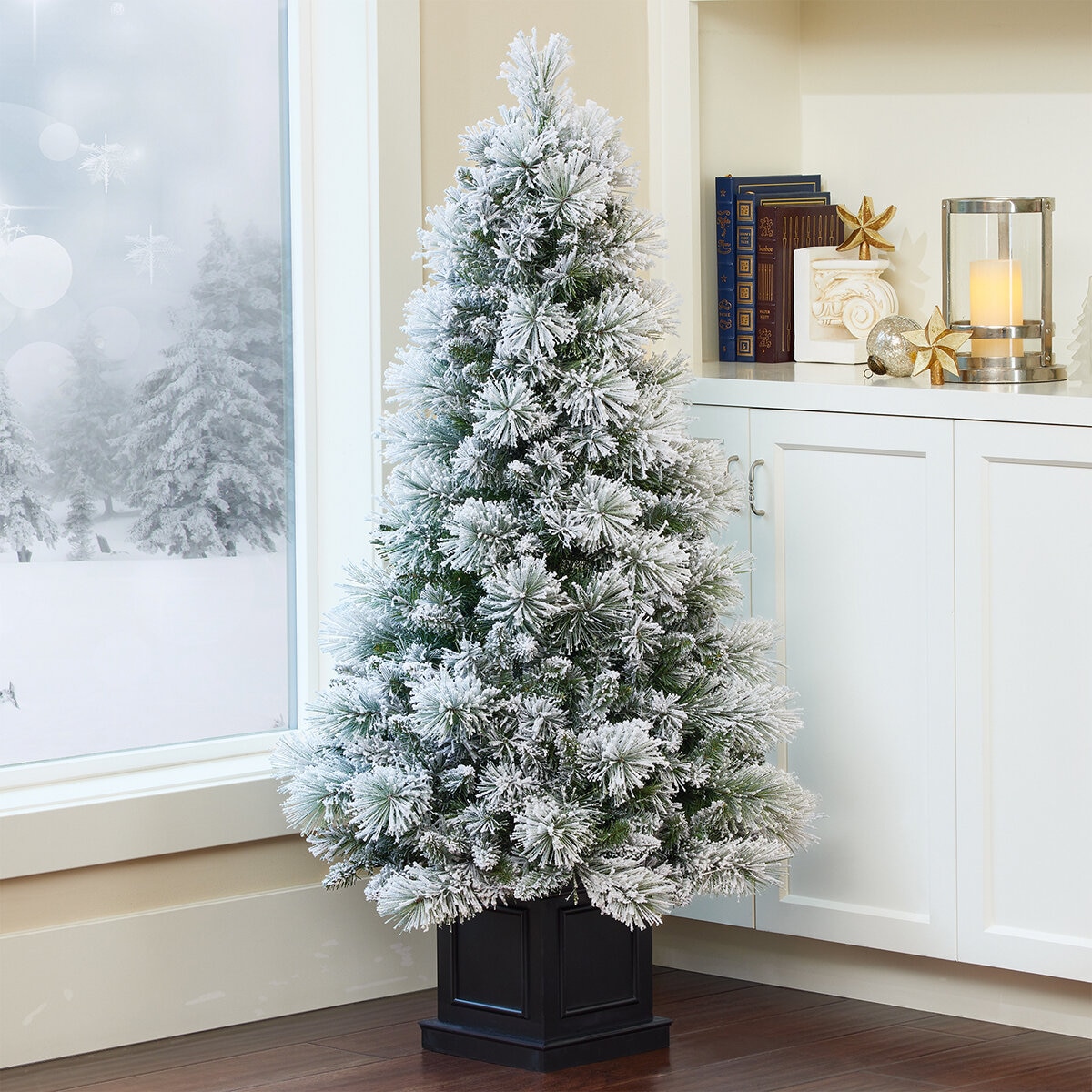 Árbol de Navidad Artificial Nevado con Serie de Luces 1.3m